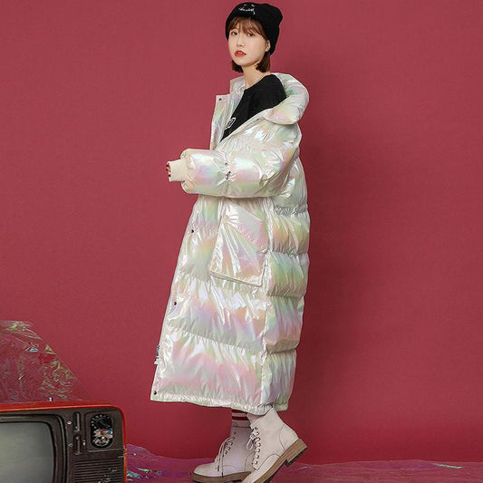 Colorful Bright Face Stand-up Collar Cotton-padded Jacket Women's Knee-length Loose Waist Waist Slimming Bread Clothes Warm Cotton-padded Jacket