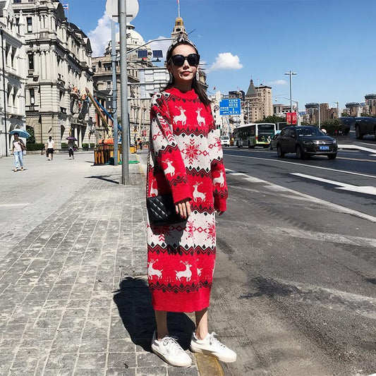Super Long Pullover Sweater Women Autumn and Winter Fawn Print Red Christmas Sweater Loose Base Knitted Sweater Dress