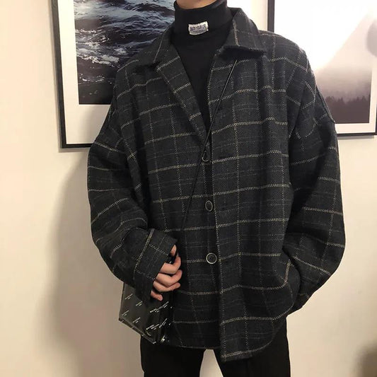 Plaid Jacket Men's Autumn and Winter Thick Loose Cotton-padded Jacket Youth Trend Retro Jacket