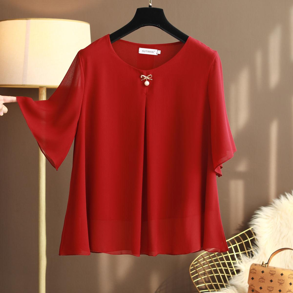 WTEMPO 2pcs/set Women's Plus Size Chiffon Shirt Shorts 2 Piece Set Spring and Summer Short Sleeve Loose Casual Two-piece Set