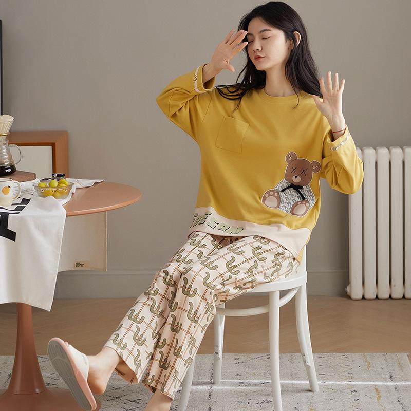 Cotton Pajamas Set for Women Long Sleeve Pyjamas Suit Spring Autumn Sleepwear Casual Loose Home Wear Pullover Round Neck Nightwear Cute Tops and Pants