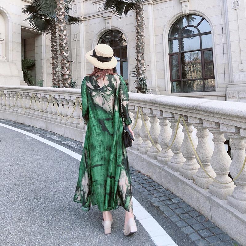 Green M-XXXXL Women's Summer Dress Middle-aged 3/4 Sleeve Round Neck Printing Length To Calf Daily Wear Homewear
