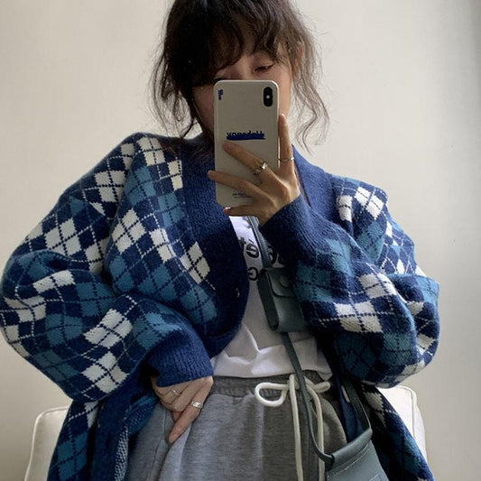 Autumn Winter Check Color Contrast V-neck Long Sleeved Sweater Jacket Women Retro College Style Loose Knit Cardigan Outer Wear
