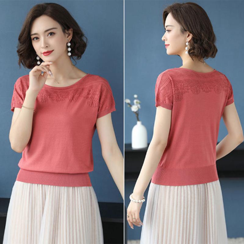 Ice Silk Sweater T-shirt Short-sleeved Women's Loose Summer Cool Set T-shirt Short Top Thin Ladies Hollow