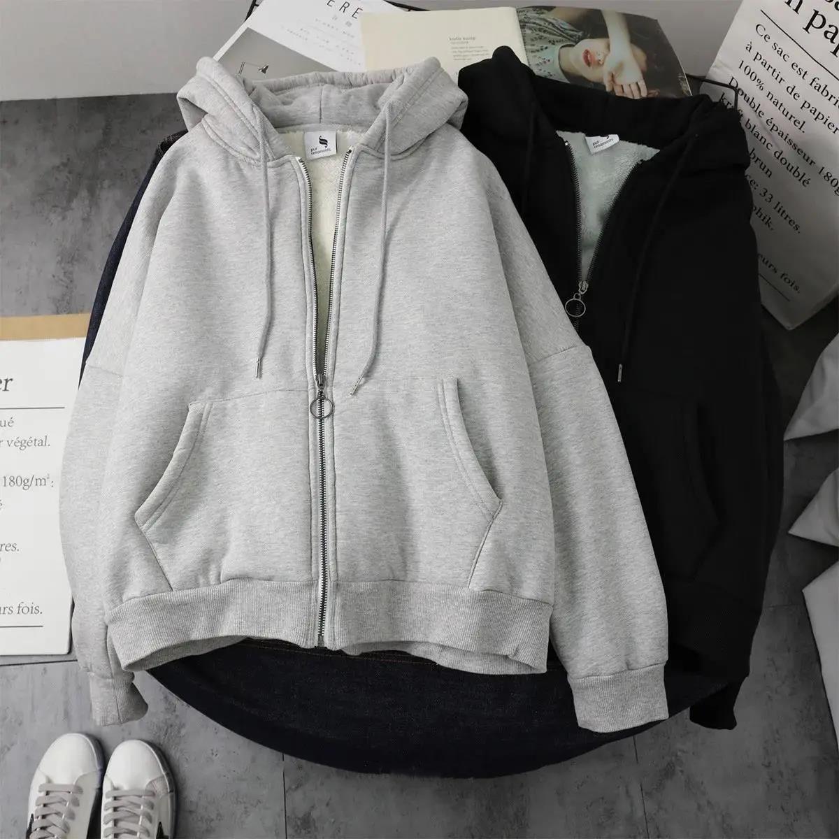 Oversize Zipper Cardigan Plus Velvet Padded Sweater Women's Hooded Autumn and Winter Student Korean Loose Coat