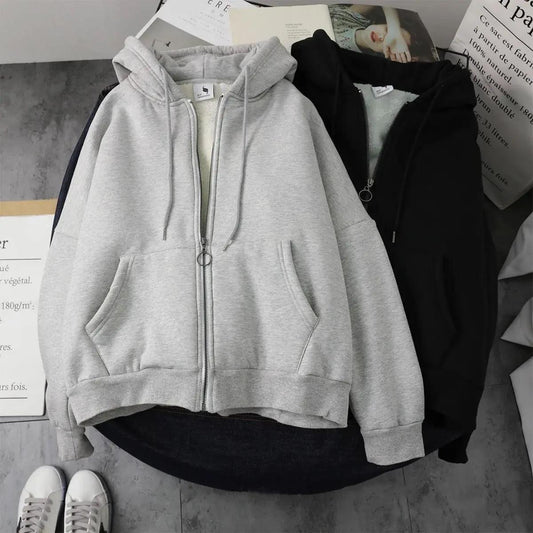 Oversize Zipper Cardigan Plus Velvet Padded Sweater Women's Hooded Autumn and Winter Student Korean Loose Coat
