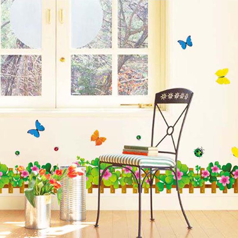 Living room bedroom waist line to skirting butterfly fence flowers removable wall stickers