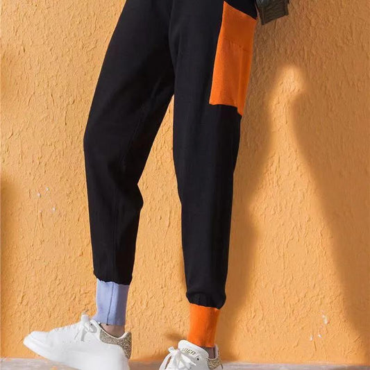 Net Red Autumn and Winter Knitted Casual Pants Hit Color Large Size Harlan Pants Women's Sports Pants Nine-point Pants Trousers