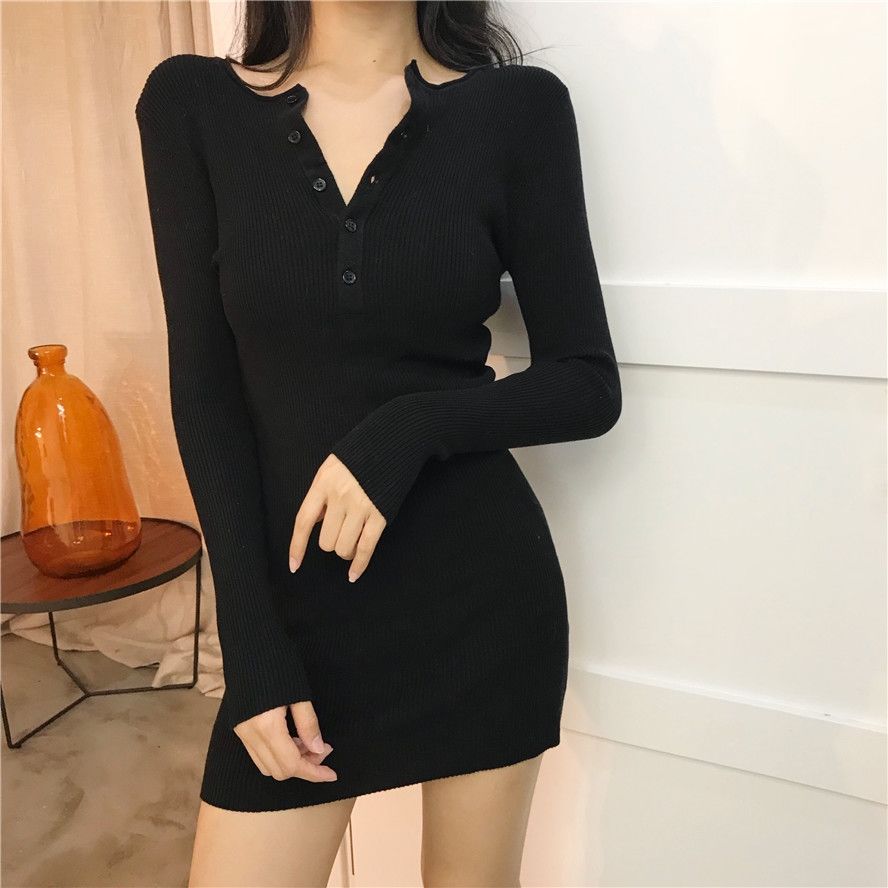 Spring Autumn Women's Slim Knit Dress Long-sleeved Sexy Bodycon Dress Button Sweater Dress for Inner Outer Wear
