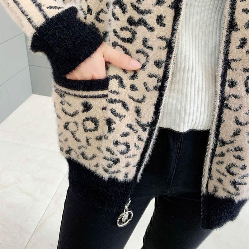 Imitation Mink Fleece Cropped Top Autumn and Winter Sweater Leopard Print Loose Wild Knit Cardigan
