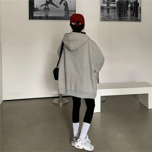Spring and Summer Loose Streetwear Hip Hop Oversize Style Thin Coat Female Ins Top Student Long Sleeve Zipper Hooded Sweater