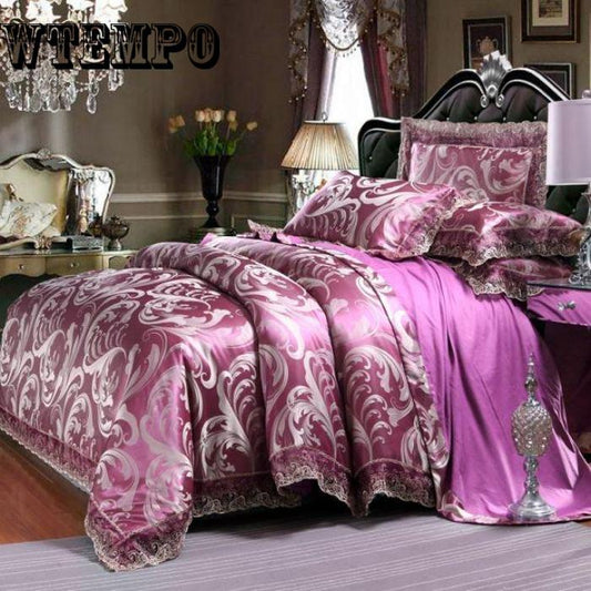 4PC Luxury Silk Cotton Satin Jacquard Bedding Set Duvet Cover Bed Sheet Pillowcases Bedclothe