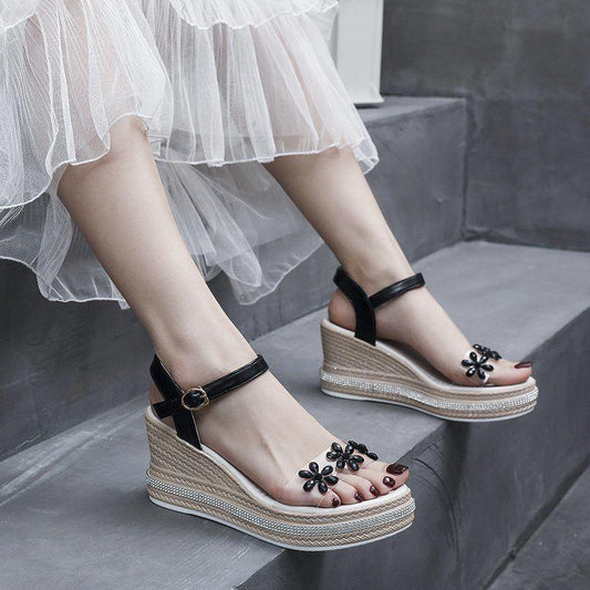 Women's Sandals Super High-heeled Wedge with Open Toe Flower Platform Sandals Waterproof Platform All-match Buckle Women's Shoes