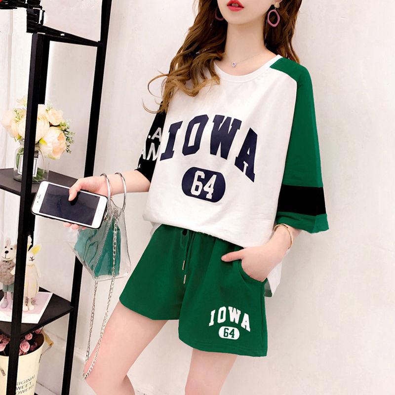 Two-piece Sportswear Suit Women's Summer Suit Round Neck Short-sleeved Top Loose Shorts Summer Ladies Suit Sweet and Cute