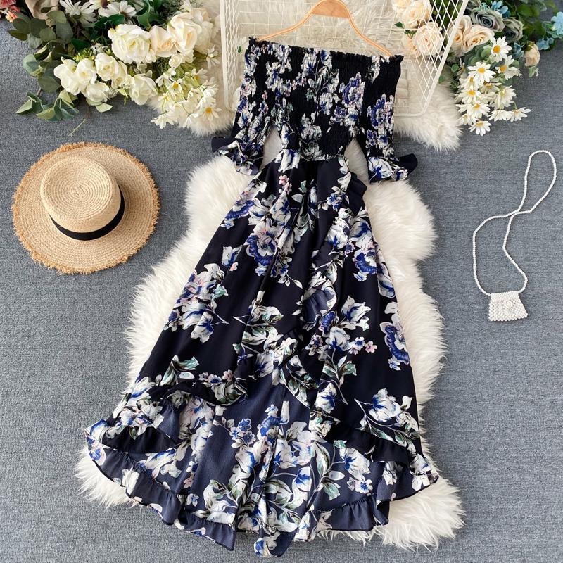 Sexy Floral Print Strapless Dress Slash Neck High Waist Half Sleeve Irregular Ruffle Dress