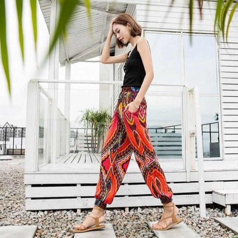 Women's Summer Cotton Silk Breathable Beach Pants Holiday Style Loose Leggings Harem Pants Bloomers Printed Pants