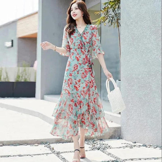 Women's Summer Short Sleeve Long Floral Dress Slim A-line V-neck Skirt