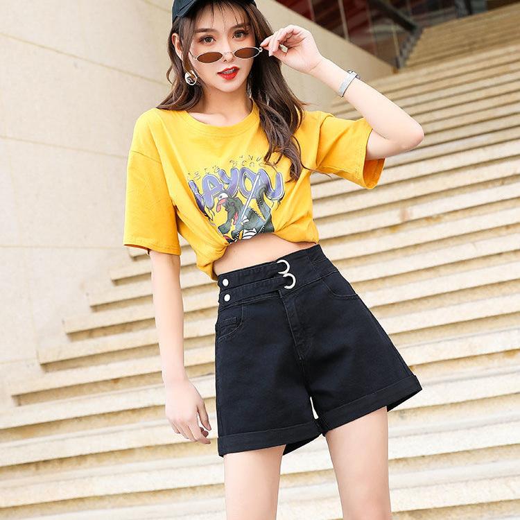 WTEMPO Ring Button High Waist Washed Denim Summer Women Denim Shorts Jeans Casual Shorts