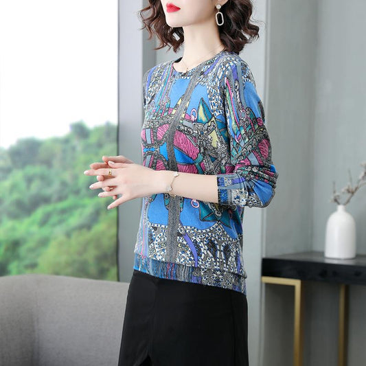 Ethnic Style Printed Sweater Women Autumn Winter Loose O-Neck Long Sleeve Pullover Knit Jumper Sweater
