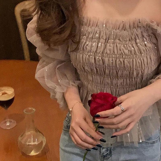 Women's Spring and Autumn Long Sleeve Square Collar Chiffon Shirt