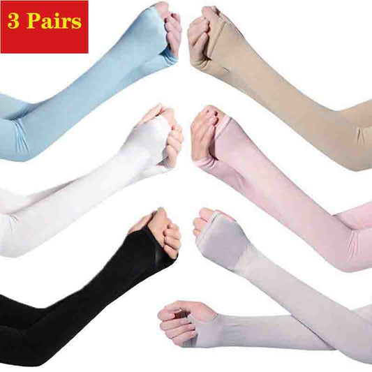 3 Pairs Women Long Gloves Ice Silk Sunscreen Arm Sleeves Sun UV Protection Arm Warmer Half Finger Sleeves
