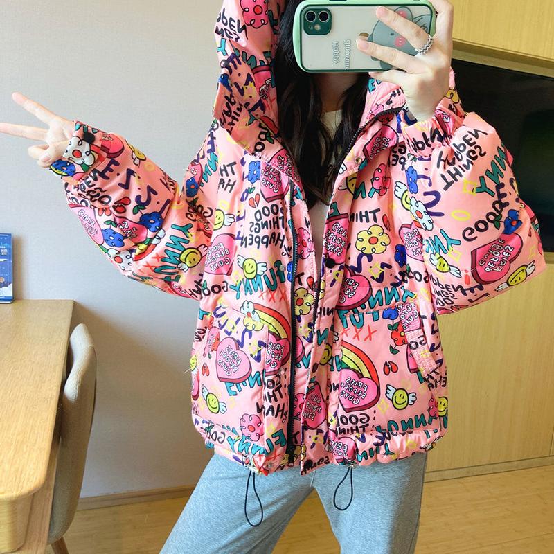 Women's Printed Short Down Jacket Winter Korean Style Loose Quilted Jacket Casual Stand-up Collar Hooded Padded Jacket Quilted Jacket