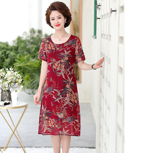 Chiffon Dress Loose Large Size Short Sleeve Summer Middle-aged Women's Dress