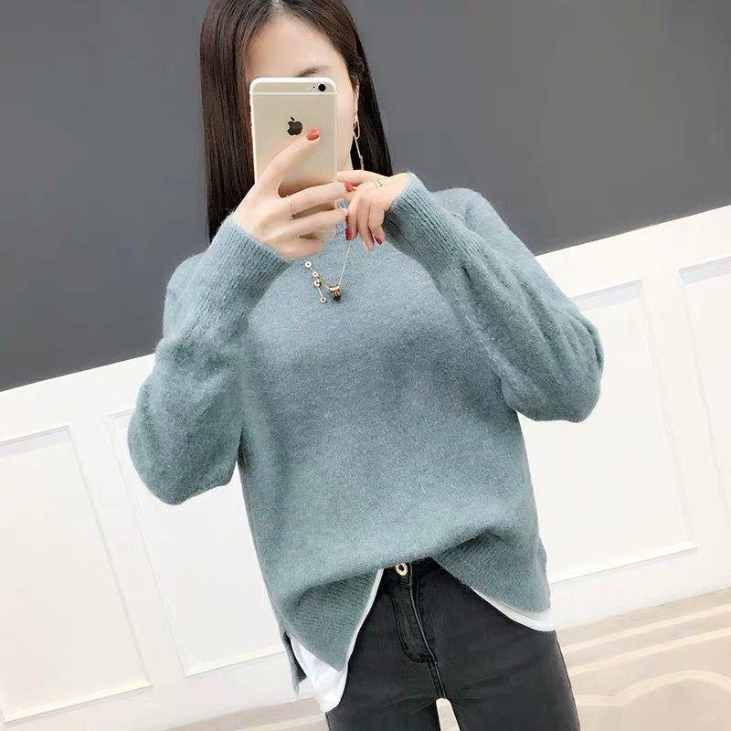 Pofulove Sweater Pullover Women Loose Autumn Winter Clothes Thickened Fake Two-piece Top Bottoming