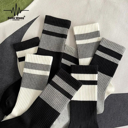 Four Pairs of Korean Striped Socks Men's All-match Trend Tube Socks Thickened Sports Socks