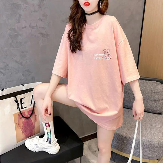 Cute Bear Print Women Dress Girl Loose O-Neck Casual Long T-shirt Dress Big Loose Home Comfort Outer Convenient