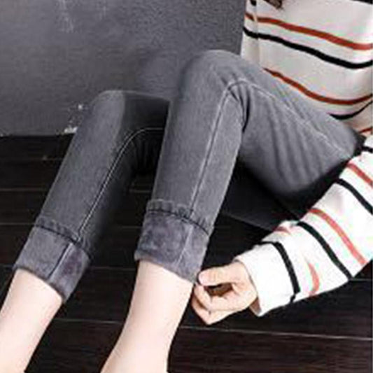 Gray Plus Velvet Trousers Winter Thickened Women's High-waisted Feet Trousers Are Thin and All-match Leggings Gray Velvet Lining Keeps Warm