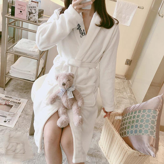 Coral Velvet Pajamas Nightgown Women's Autumn Winter Long Thickened Flannel Bathrobe Loose Outerwear Nightdress Home Wear