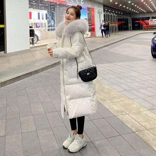 Winter Fashion Trend Loose Thick Big Fur Collar Down Jacket Women Mid-length Over The Knee Wild White Duck Down Hooded Jacket