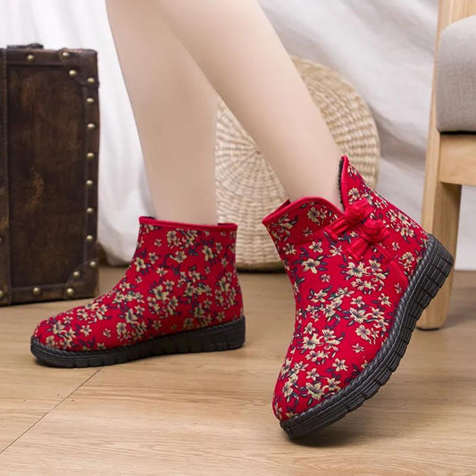 Winter Women Cotton Shoes Plus Velvet Warm Non-slip Wear-resistant Ethnic Snow Boots Traditional Cotton Boots