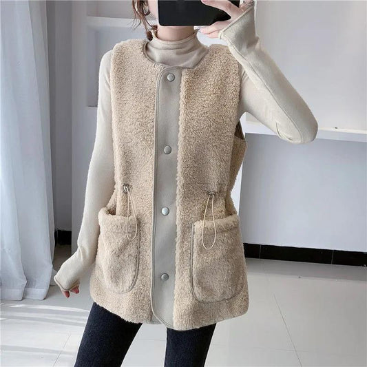 Lamb Wool Warm Vest Female Outer Wear Fur One Coat Female Wild Loose Autumn and Winter Waistcoat Female Round Neck Sleeveless Jacket