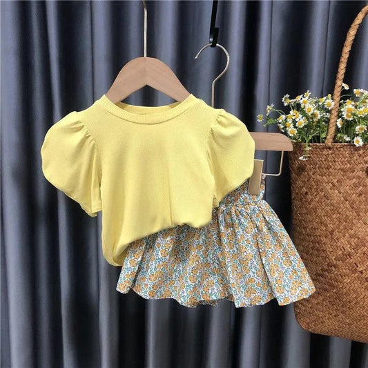 Girls' Cotton Suit Summer Female Baby Baby Solid Color Short-sleeved Little Girl Skirt Pants Thin Section