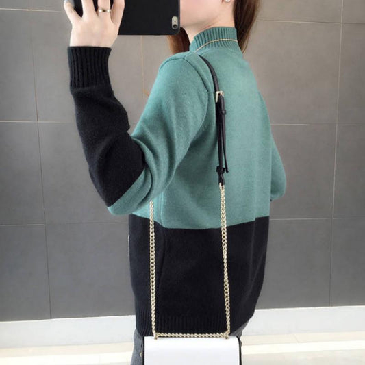 Pofulove Color Matching Knitted Base Shirt Shirt Autumn and Winter Loose Sweater Women Thickening