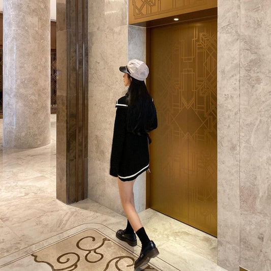 Autumn Winter Navy Collar College Style Loose Pullover Sweater Women's Mid-length Outer Knit Jacket Jacket