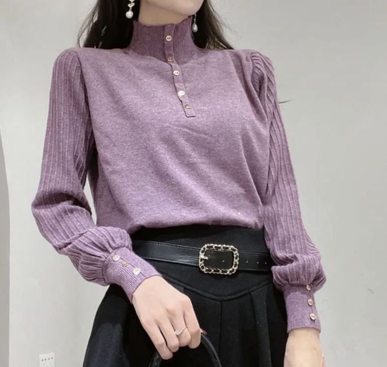 Half Turtleneck Long Sleeve Knitted Sweater Loose Large Size Sweater Fashion Button Solid Color Bottoming Shirt for Women