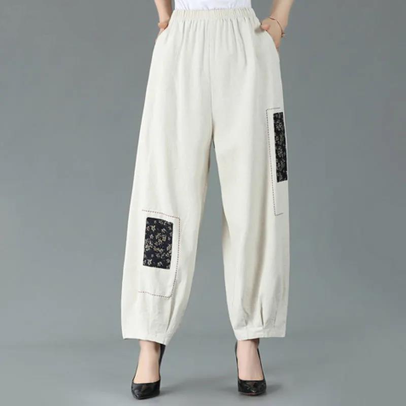 WTEMPO Summer Cotton Linen Embroidered Women's Pants Mother National Style Retro Casual Loose Large Size Bloomers Pants