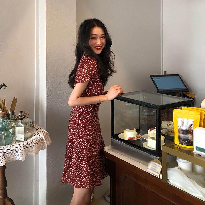 Retro Red Floral Dress Female Spring Summer V-neck Short-sleeved Fashion Waist Mini Skirt Wild Casual Slim