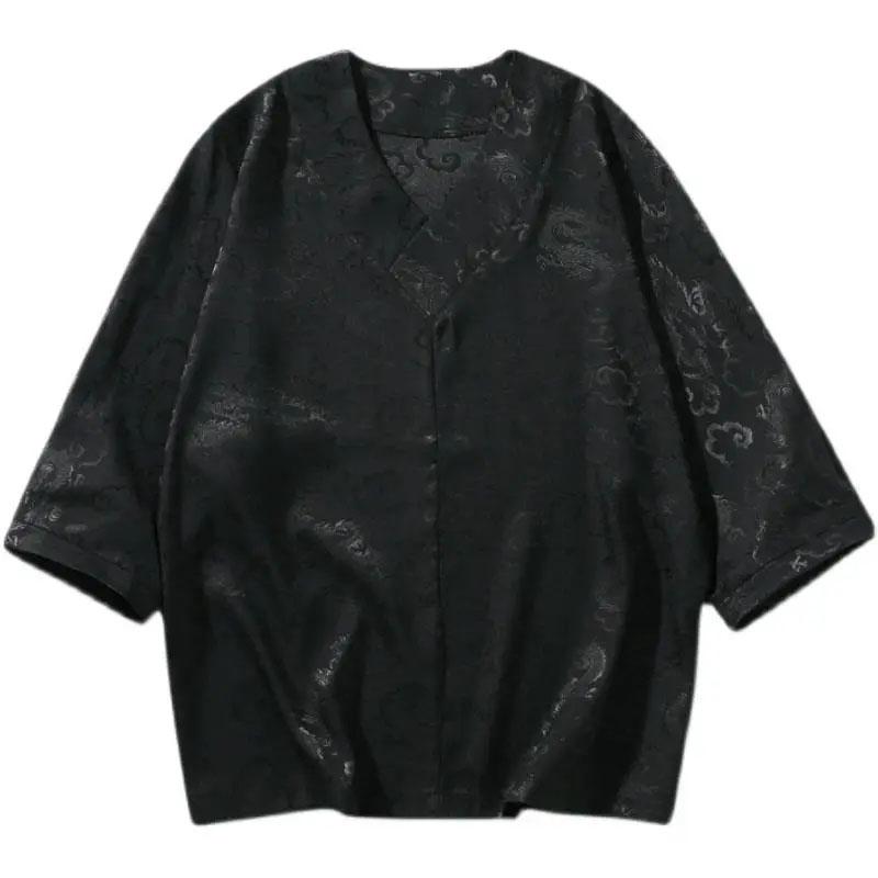 Short-sleeved Men's T-shirt Summer Large Size V-neck Ice Silk Three-quarter Sleeve T-shirt Men's Loose Half-sleeve