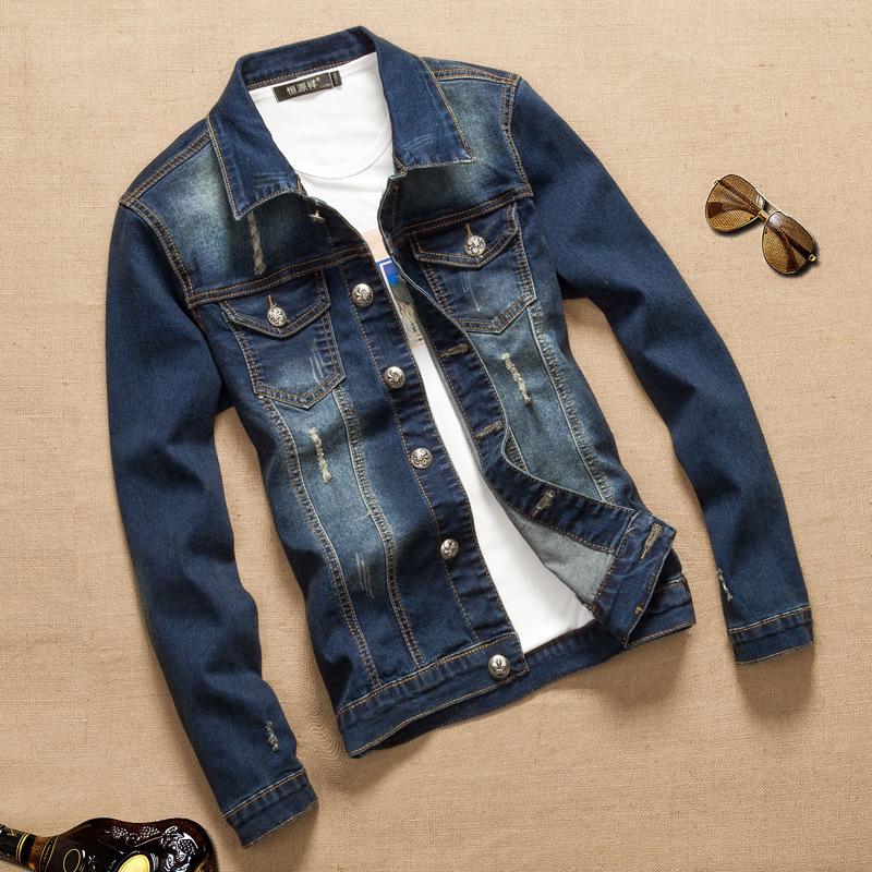 Men's Stretch Denim Jacket Korean Fashion Casual Men Slim Dark Blue Coat