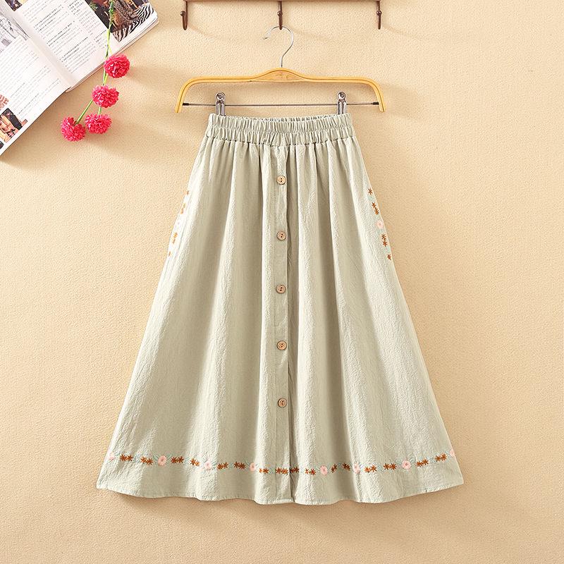 Button Midi Skirt Women 2020 Spring Summer Casual Elegant High Waist Pocket Skirt Female Korean Washed Cotton A-line Skirt