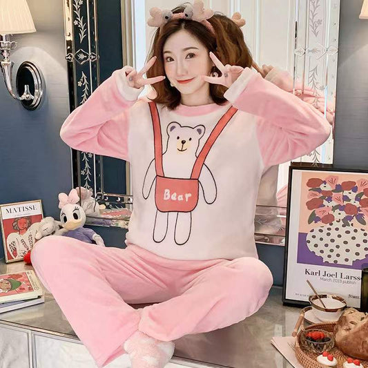 Coral Fleece Pajamas Set Cartoon Round Neck Thickened Flannel Home Wear Long Sleeves Warm Sleeping Suit Two-piece Set