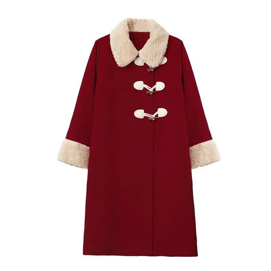 Autumn and Winter Woolen Coat Dark Red Horn Button Lamb Wool Thick Woolen Coat Women's Mid-length Stand-up Collar Woolen Coat