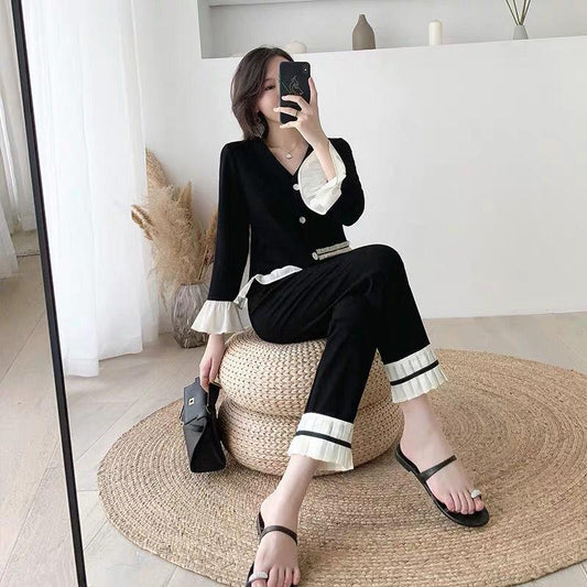 2pcs/set Women's Knit Set Slim Ruffled Knitted Cardigan Top and Loose Knit Cropped Pant 2 Piece Set Elegant Outfits