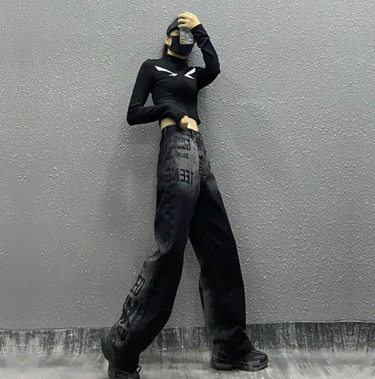 Personality Hip Hop Spring Autumn Pants High Waist Wide Leg Pants Straight Black Jeans Women