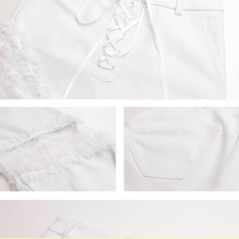 White Openwork Fork Jeans High Waist Thin European and American Style Splicing Bell Pants