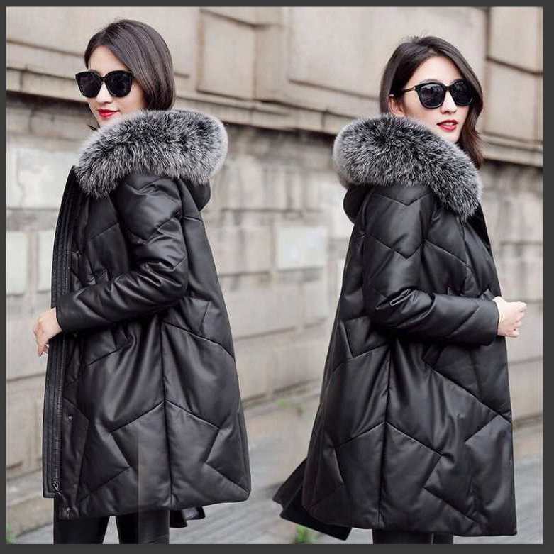 Women's PU Leather Jacket Mid-length Windproof Thick Warm Plus Size Hooded Parka Coat with Detachable Fur Collar Female Overcoat